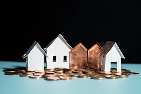 Paper house with Cent coins, planning to buy, build or rent a new home, real estate concept, owning property, bank loanの素材