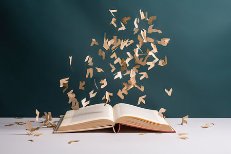 Open white book page, wooden letters falling down, school and education concept, copy space for textの素材