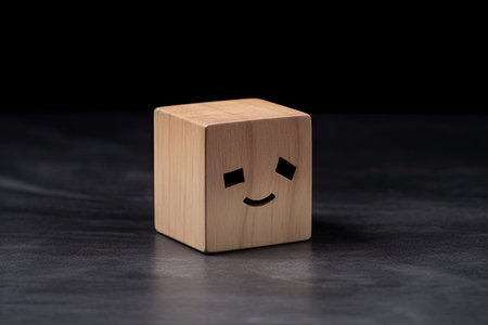 One wooden cube with a smiling and a sad face on a dark background, symbolの素材