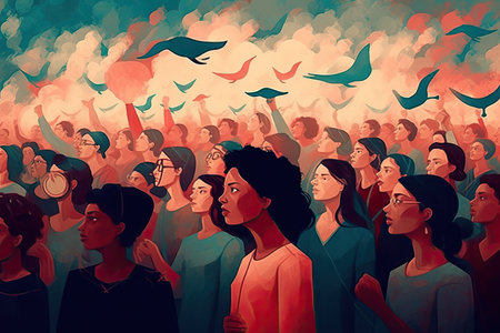 Illustration of a protest for freedom, human rights, demonstration for equality for women, fight against discriminationの素材