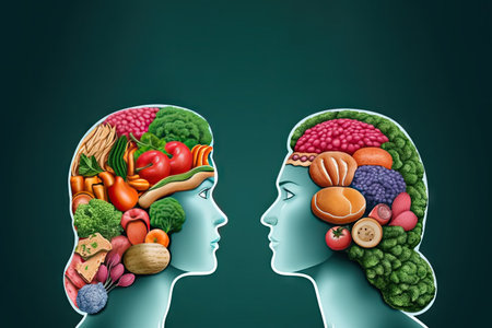 Illustration of brain, healthy and unhealthy food, one woman is eating sweet candys, the other one fresh vegetables and lettuceの素材