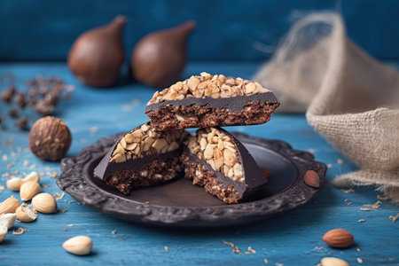Nut corner, traditional german sweets called Nussecke, covered with chocolate, christmas baking, blue textured backgroundの素材