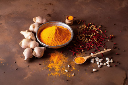 Mix of spices, curcuma, garlic, pepper corns and chilli on a brown textured background, empty copy spaceの素材