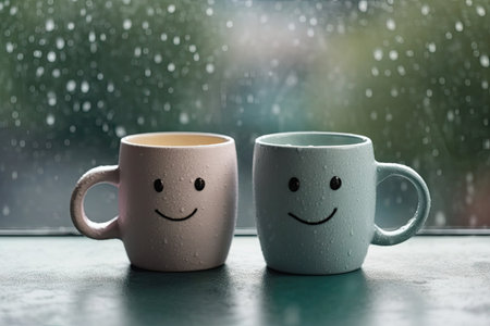 Happy, similing face, mug couple on a window sill cuddle, cup of coffee on a rainy day, support, relationship and friendship conceptの素材