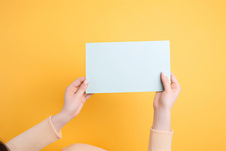 Holding empty paper in the hands, yellow colored background, copy space for text, blank cardの素材