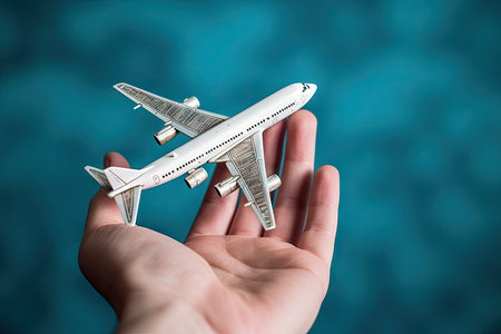 Holding an airplane in the hands, taking a flight, planning a vacationの素材