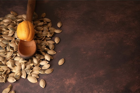 Heap of pumkin seeds on a brown textured background, empty copy spaceの素材