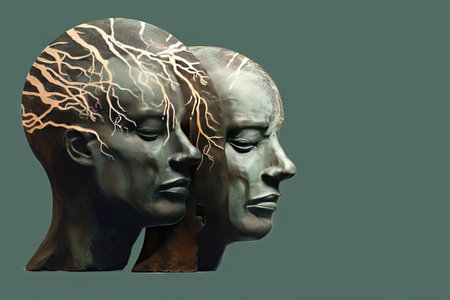 Head with faces looking in different directions, inner conflict with identity, deceitfulness and inside torn personality, psychology conceptの素材