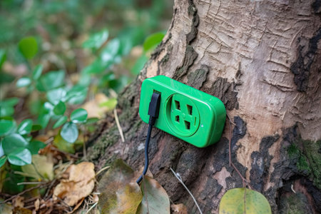 Green electricity socket on a tree trunk, sustainable renewable energy, csr concept, environment protection, eco technologyの素材