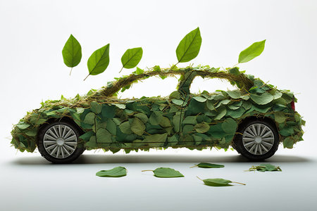 Green electric car made from leaves, sustainable and renewable ressources, eco power, environment issueの素材