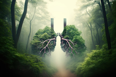 Green lung in the forest, trees for fresh healthy breathing air, environment concept, connect to nature,の素材