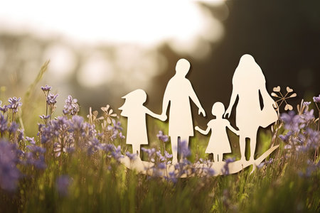 Family paper cut out is standing in a meadow, parents with daughter and son, environment concept, spring and summer seasonの素材