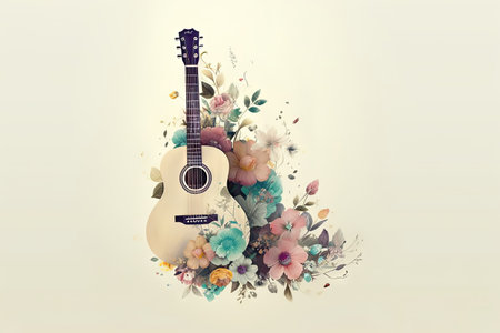 Guitar acoustic instrument with flowers, music passion concept, pastel colors,の素材