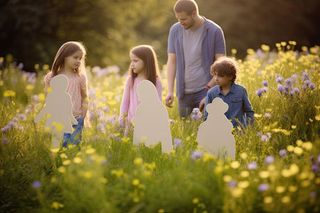 Family, parents with daughter and son in a spring meadow, environment concept, connected to nature, support and loveの素材