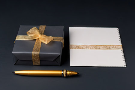 Empty paper, a pen and a golden colored gift on a dark grey background, copy space for textの素材