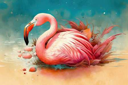 Exotic sea life on a holiday beach, pink colored shell, vacation in the caribbean, abstract flamingo illustrationの素材