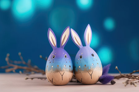 Easter bunny or rabbit couple cuddle together, wooden egg, spring holiday greeting card, bokeh fairy light, blue and purple colorの素材