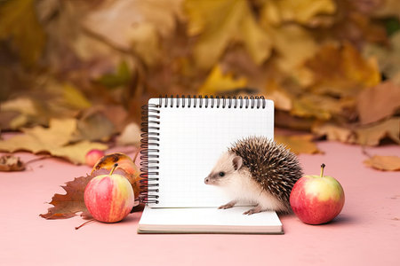 Empty notebook with an apple and a hedgehog, autumn background with colorful leaves, office desk, pastel colorの素材