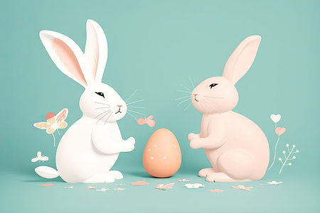 Easter bunny talking together, rabbits have a conversation, spring holiday greeting card with speech bubblesの素材