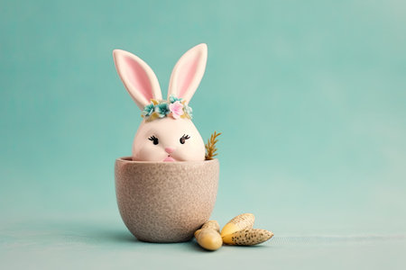 Cute easter bunny or rabbit with a smiling egg face in a cup, spring holiday, greeting cardの素材