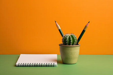 Blank notepad with a pencil on an orange and green background, pot with a cactus, copy space for text, office deskの素材