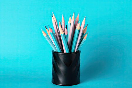 Black pencils in a cone on a blue background, minimalism, creative, surreal and education concept, copy space for text, pastel colored wallの素材