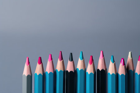 Blue pencils in a row, one pink pen is standing out, be different, leadership and teamwork conceptの素材