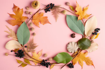 Autumn season background with copy space, template with colorful leaves building a circle, pastel colored greeting cardの素材