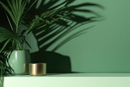 modern minimal empty matte green counter table top bamboo palm tree in sunlight leaf shadow on green wall background for luxury organic cosmetic skin care beauty treatment product display 3dの素材