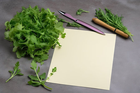 Blank colored paper with a pen, arugula salad leaves, copy space for text, recipe for cooking, preparing food, healthy lifestyle, dietの素材