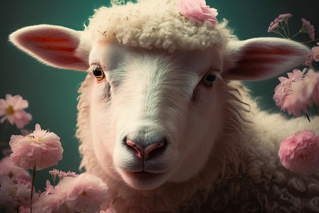 Easter lamb, cute sheep with pink flowers, portrait of animal, spring pastel color,の素材