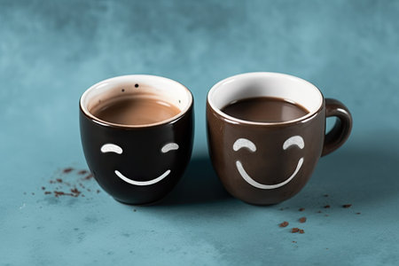Cup of coffee with a sad and a happy face, positive and negative mindset, support and evaluation concept, emotionの素材