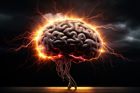 Human brain with lightning, psychological pressure and stress, migrane attack, burn out or trauma,の素材