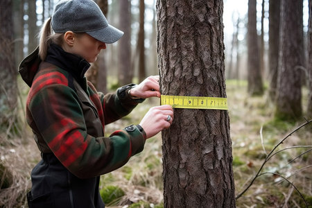 Ranger measures tree circumference with a tape, inspection by a forester in the spring, wood industry, environmental conversationの素材