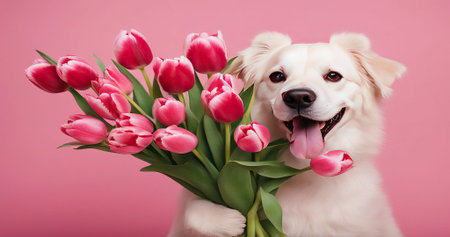 International Women's Day. Extremely happy woman in a bright pink dress is smelling a bunch of spring flowers, which she is holding in her hands.72の素材