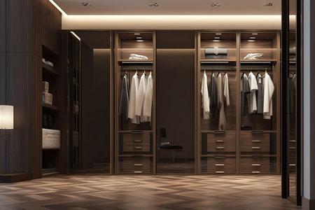 luxury modern design of walk in closet with stainless frame wooden wardrobe hidden light and glass folding door and blank dark brown wall for interior design decoration background 3dの素材