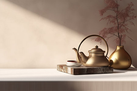 blank beige concrete texture curve counter podium chinese book brass teapot teacup in sunlight leaf shadow on wall for luxury asian interior design decoration product background 3dの素材