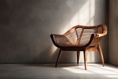 brown wooden rattan chair with elegant retro design in clean blank polished cement wall floor room in sunlight for loft interior design decoration furniture product background 3dの素材