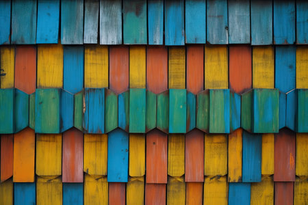 abstract geometric background rustic wall of a house decorated with painted wooden planks colorful wood plank texture background element of the rural facade of the house vintage architectureの素材
