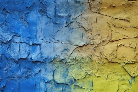 yellow blue grunge texture painted old rough concrete wall surface with cracks close up distressed background with space for design broken collapsed ruined damagedの素材