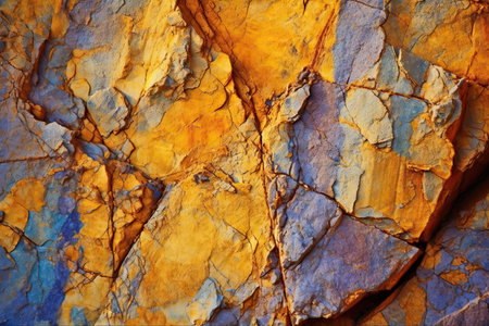abstract orange yellow blue background colorful rock texture cracked layered mountain surface close up grungy stone background with space for designの素材