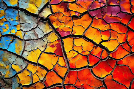 abstract pattern of old cracked paint or dry soil bright saturated colors of autumn multi colored expressive abstract backgroundの素材
