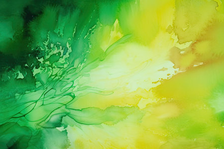 yellow green watercolor abstract aquarelle background with copy space for design colorful art background drawn hand painted liquid fluid joyful bright web bannerの素材
