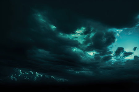 black green blue night sky with clouds dark dramatic skies background for design cloudy rainy windy stormy weather or a frightening spooky creepy nightmare conceptの素材