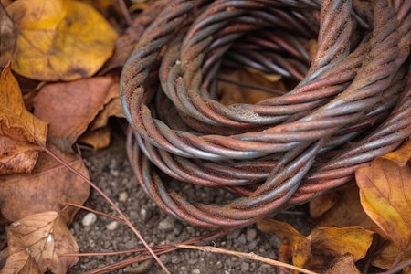 rusty steel cable closeup marine old rusty cable on a background of autumn leaves rusty metal grunge backgroundの素材