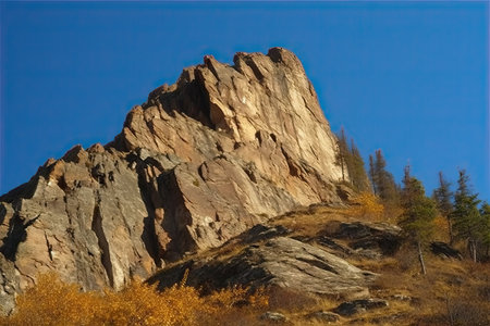 mountain landscape peak rock on a background of blue sky low angle view close up krasnoyarsk national nature reserve stolby russia siberian natureの素材