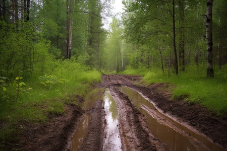 the road in the forest dirt road in the summer after rain off road tourism ecotourism traveling to inaccessible placesの素材