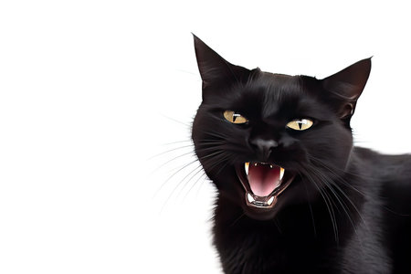 hissing black cat with open mouth one cat isolated on a white background portrait of a young black cat background copy spaceの素材