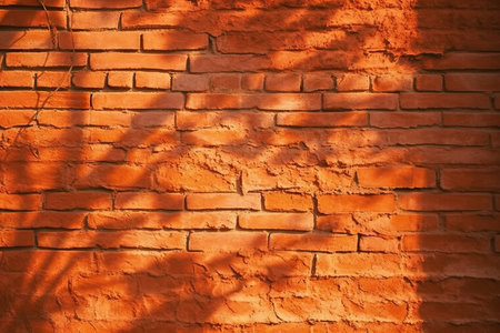 orange red brown brick wall of the house close up sunlight and shade from tree leaves bright vintage background for design burnt orange color shade rough surface texture painted plasterの素材
