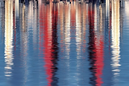 abstract blue red white background reflection of urban skyscrapers in the water reflection of urban buildings on the rippled surface of the river banner with abstract color backgroundの素材